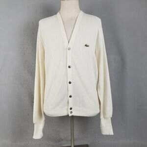 Vintage Izod Lacoste Sweater Mens Extra Large White Cardigan Knit Pullover 80s